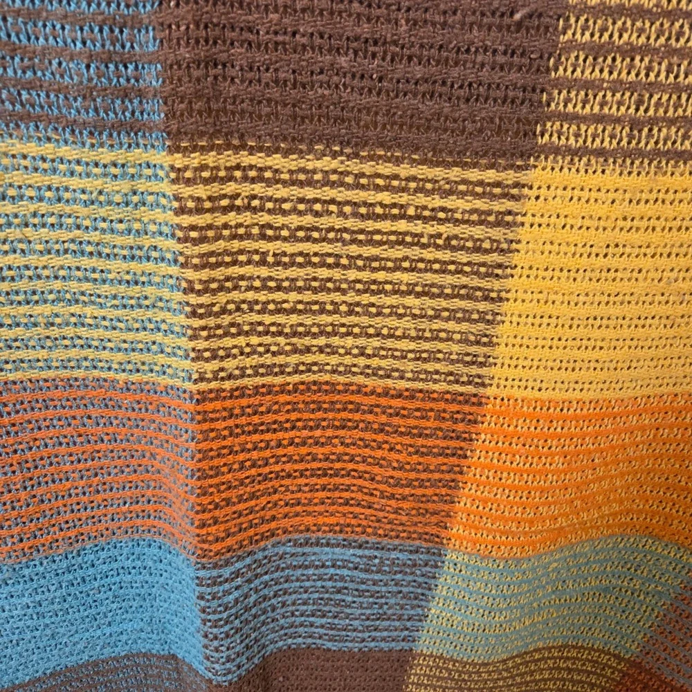 Vintage 70s Plaid Woven Blanket Orange Brown Blue Yellow Satin Trim 71x80 Large